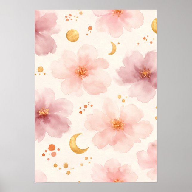 Póster Elegante patrón floral de acuarela rosa (Frente)