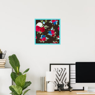 Póster Elegante patrón floral rojo azul sobre marrón oscu