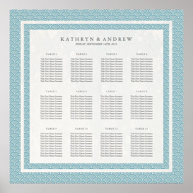 Póster Elegante patrón verde azul Seigaiha (Frente)