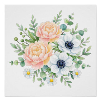 Póster Elegante peonía en acuarela y floral de anemona bl