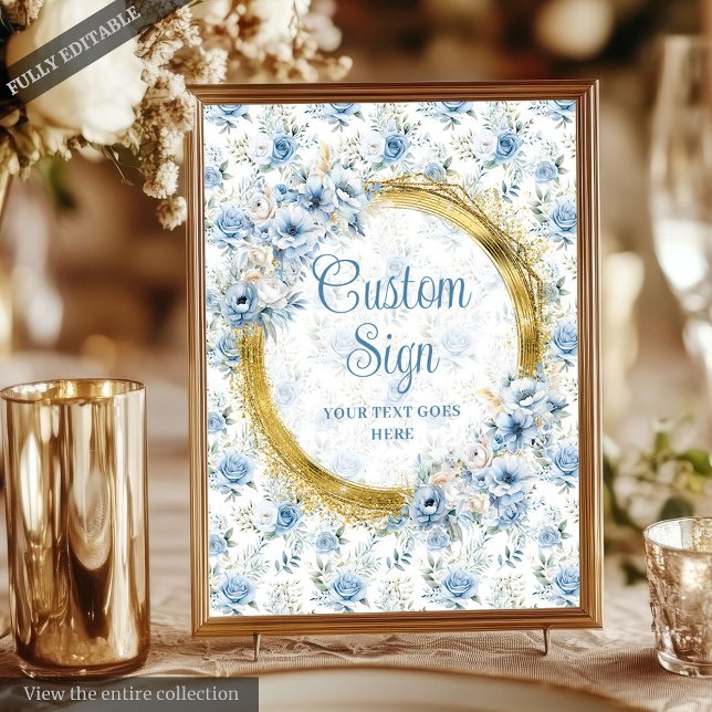 Póster Elegante Personalizado Boda Bohemiano de oro azul  (Elegant Bohemian Light Blue Gold Wedding Custom Poster)