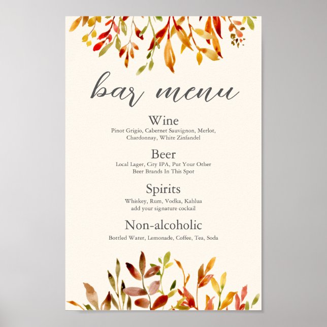 Póster Elegante Personalizado Boda otoño Fall Leaves Bar  (Frente)