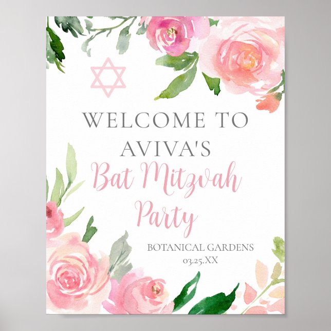 Póster Elegante Personalizado Fiesta de Bat Floral Rosa M (Frente)
