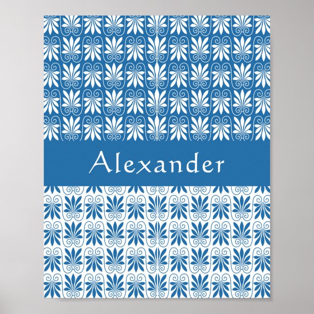 Póster Elegante Personalizado floral griego azul y blanco (Frente)