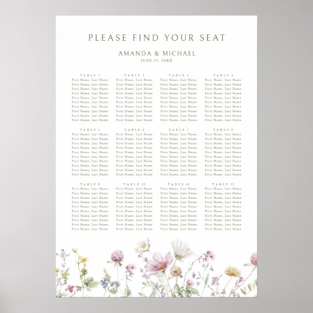 Póster Elegante placa de asiento de Boda floral suave pas (Frente)