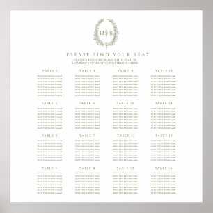 Póster Elegante plan de 16 mesas de boda ovaladas en verd
