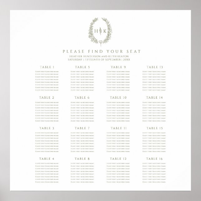 Póster Elegante plan de 16 mesas de boda ovaladas en verd (Frente)