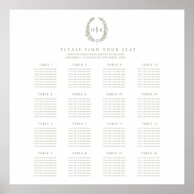 Póster Elegante plan de 16 mesas de boda ovaladas en verd (Frente)