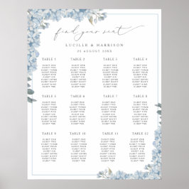 Póster Elegante plan de asiento Boda de Hydrangeas Azul