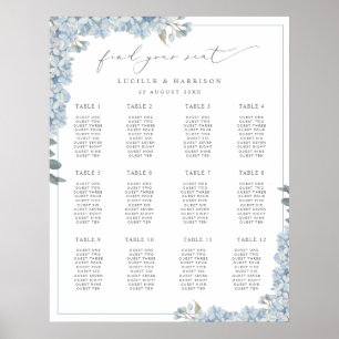 Póster Elegante plan de asiento Boda de Hydrangeas Azul