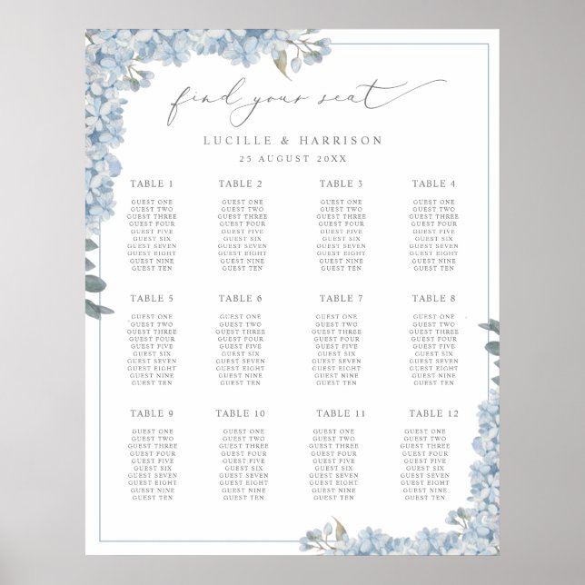 Póster Elegante plan de asiento Boda de Hydrangeas Azul (Frente)