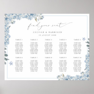 Póster Elegante plan de asiento Boda de Hydrangeas Azul