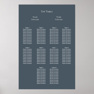 Póster Elegante plan de asientos Boda azul y blanco