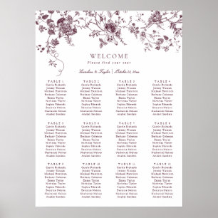 Póster Elegante Plan de Asientos de Boda Floral Merlot Vi
