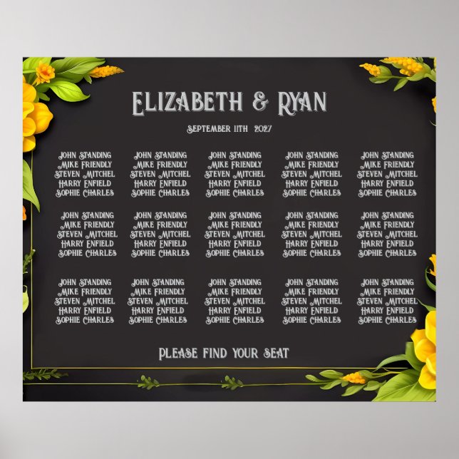 Póster Elegante plan de mesa de Boda floral amarillo (Frente)
