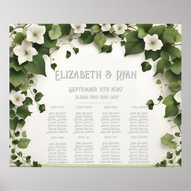 Póster Elegante Plan de Mesa de Boda Ivy e Invitaciones (Frente)