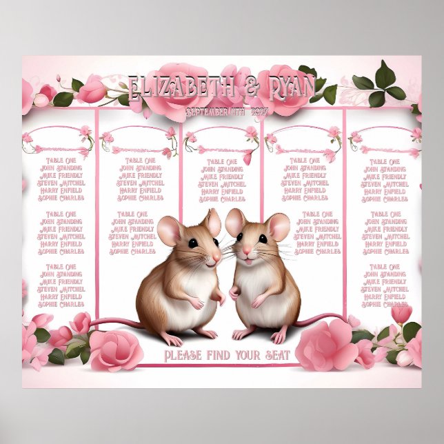 Póster Elegante plan de mesa Rosa Boda rosa (Frente)