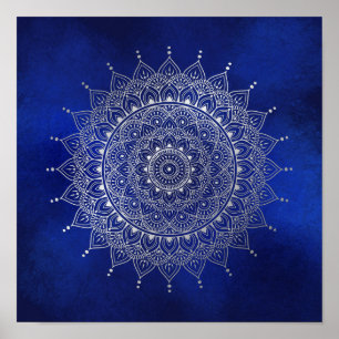 Póster Elegante plata en floral azul profundo Henna Manda