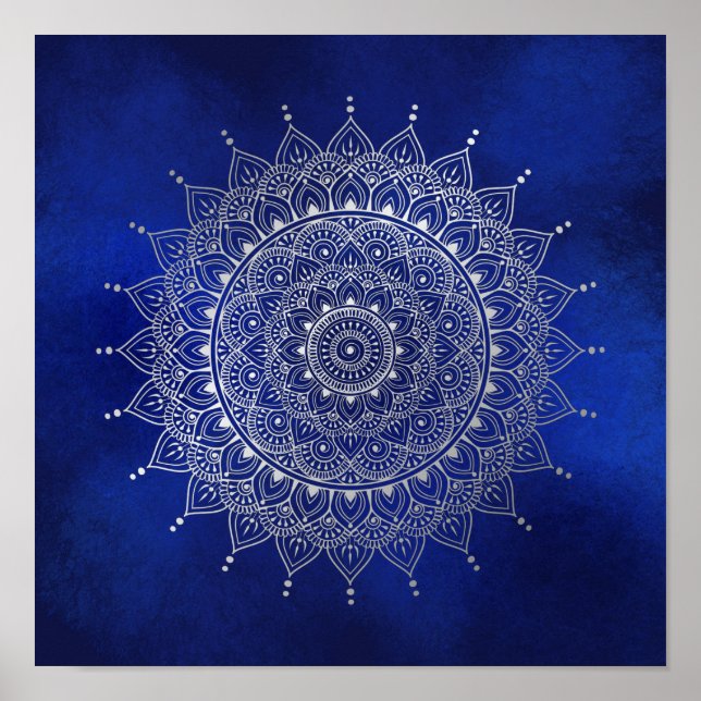 Póster Elegante plata en floral azul profundo Henna Manda (Frente)