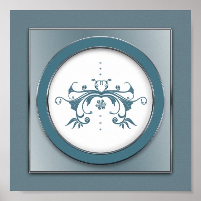 Póster Elegante Plaza Floral Azul/Gris Swirl. Imprimir (Frente)