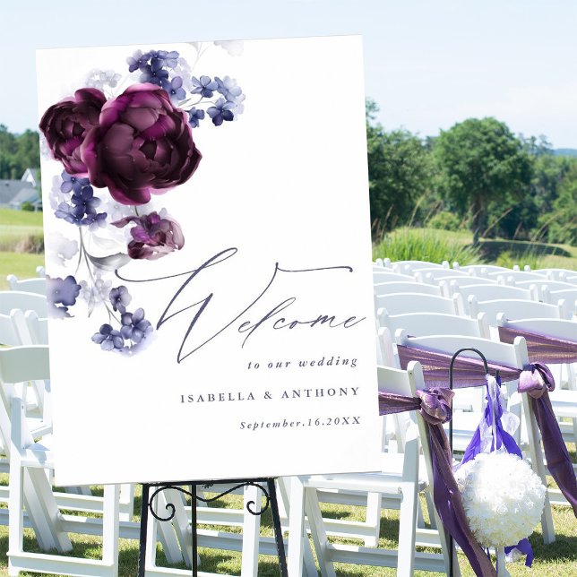 Póster Elegante Plum Purple & Indigo Blue Floral Boda (Subido por el creador)