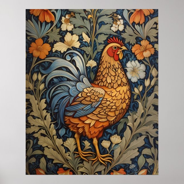Póster Elegante Pollo William Morris Inspirado en Floral (Frente)