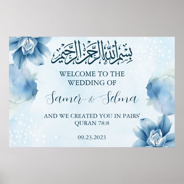 Póster Elegante Poster Boda musulmana de bienvenida azul (Frente)