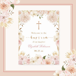 Póster Elegante Poster de bautismo floral de boho rosa