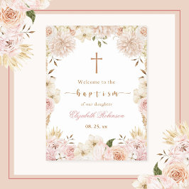 Póster Elegante Poster de bautismo floral de boho rosa
