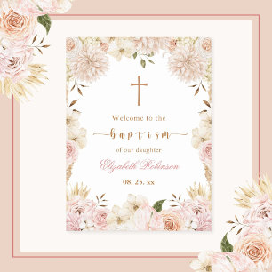 Póster Elegante Poster de bautismo floral de boho rosa