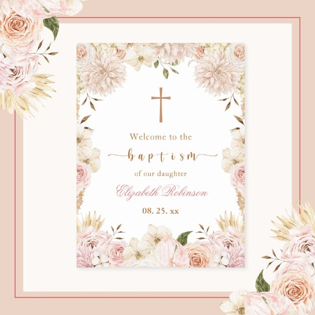 Póster Elegante Poster de bautismo floral de boho rosa (Subido por el creador)