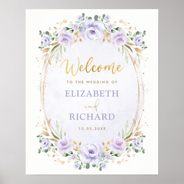 Póster Elegante Poster de Bienvenida Boda Floral Purple G (Frente)