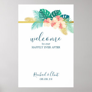 Póster Elegante Poster de Bienvenida Boda hawaiano Hibisc