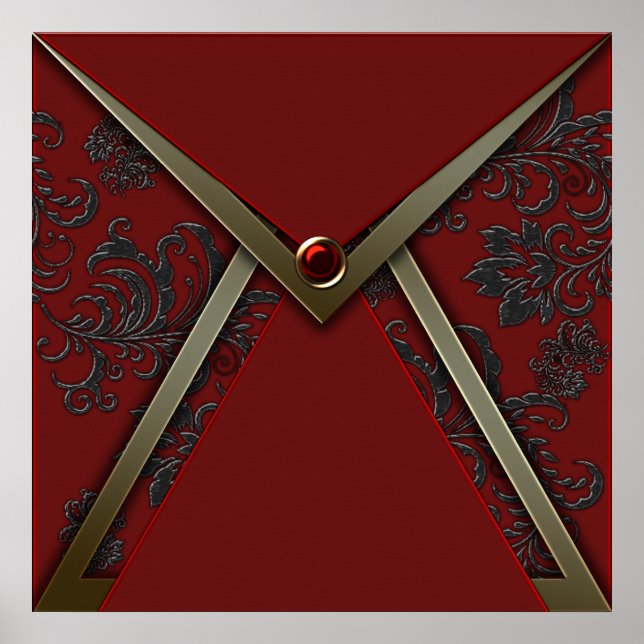 Póster Elegante Poster de eventos de oro Red Black Damask (Frente)