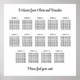 Póster Elegante Poster de gráfico de asientos de 14 Bodas