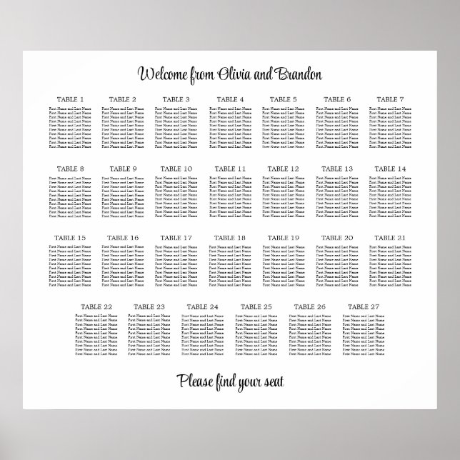 Póster Elegante Poster de gráfico de asientos de 27 Bodas (Frente)