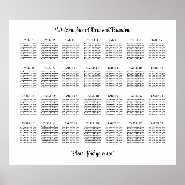 Póster Elegante Poster de gráfico de asientos de 28 Bodas (Frente)