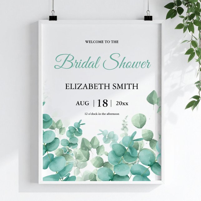 Póster Elegante Poster de la ducha nupcial Eucalyptus (Greenery Eucalyptus Elegant Bridal Shower Poster)