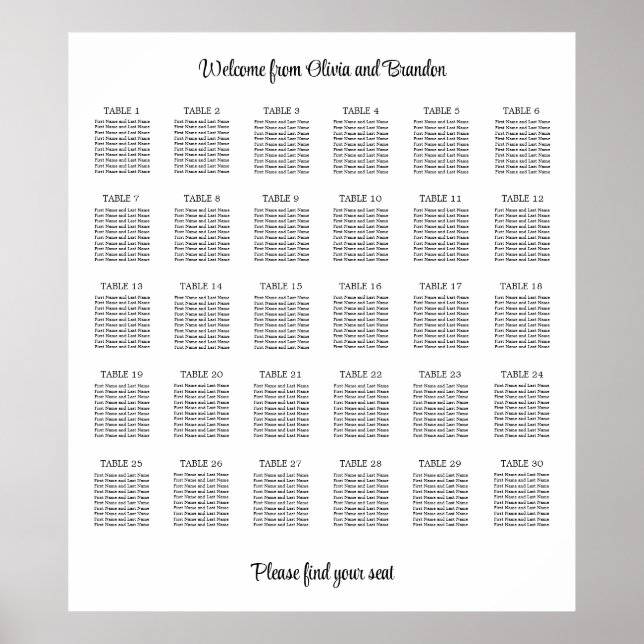 Póster Elegante Poster de la tabla de asientos de 30 Boda (Frente)