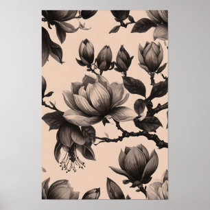 Póster Elegante Poster de Magnolia Monocromo Vintage