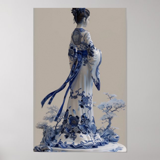 Póster Elegante Poster de porcelana azul y blanco 3D con  (Frente)