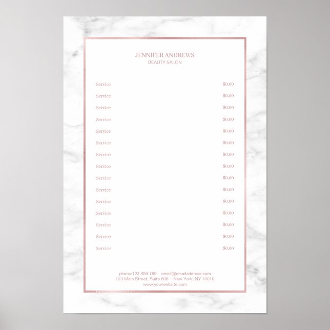 Póster Elegante Poster de Precios de Mármol Blanco Rosego (Frente)