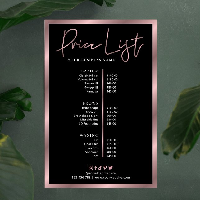 Póster Elegante Poster de Precios de Servicios de Oro Neg (Black and rose gold price list menu for small business)