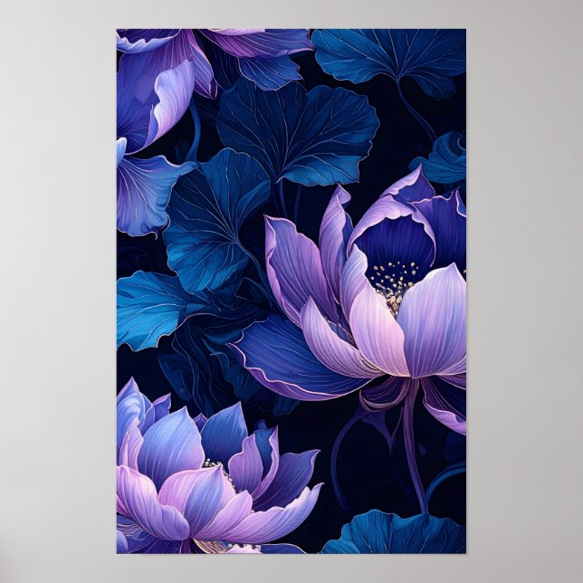 Póster Elegante Poster del patrón de Lotus azul morado (Frente)