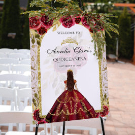 Póster Elegante Princesa Roja Floral Quinceañera Cumpleañ