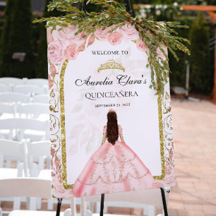 Póster Elegante princesa rosa Rubor Floral Quinceañera