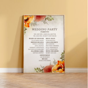 Póster Elegante Programa de Boda Floral Naranja Quemada