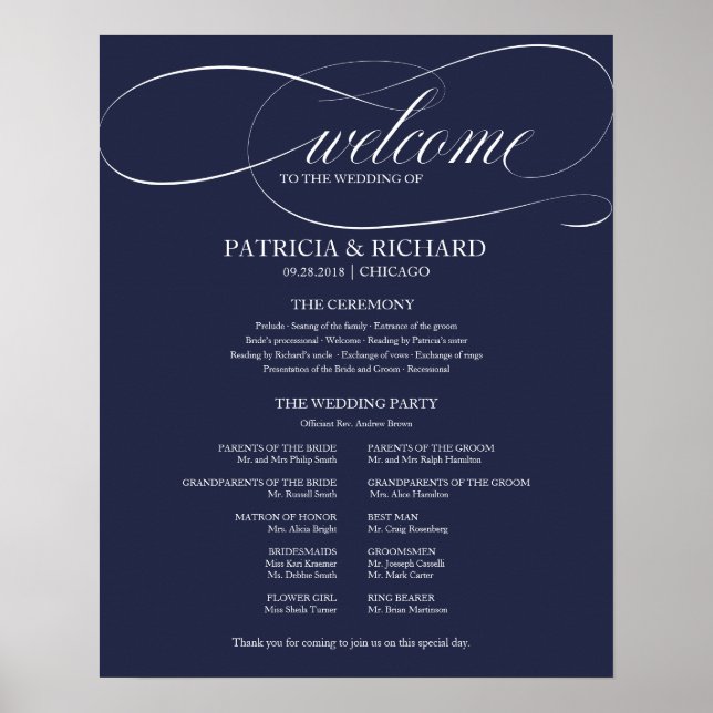 Póster Elegante Programa de Ceremonia de Boda Azul Marino (Frente)