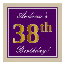 Póster Elegante, púrpura, Faux Gold 38 cumpleaños + nombr