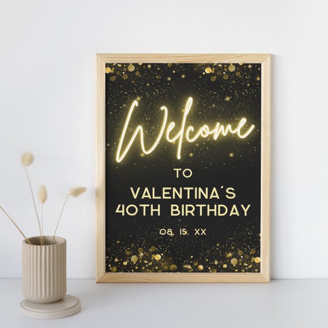 Póster Elegante Purpurina negro y oro Neon Glow Bienvenid (Subido por el creador)